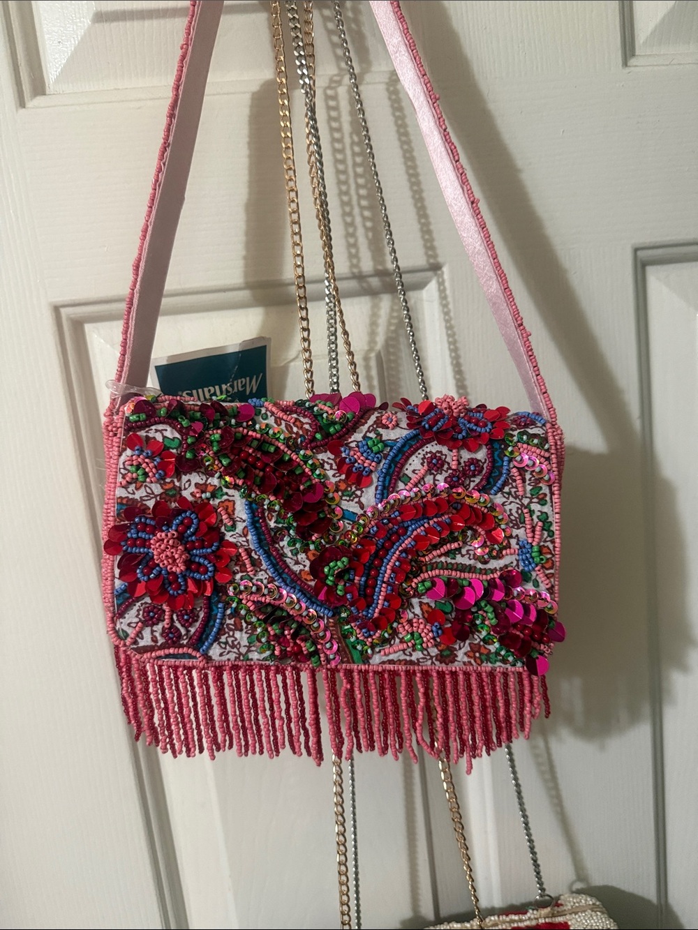 India Boutique Pink Beaded Fringe Clutch with Multicolor Embellishment